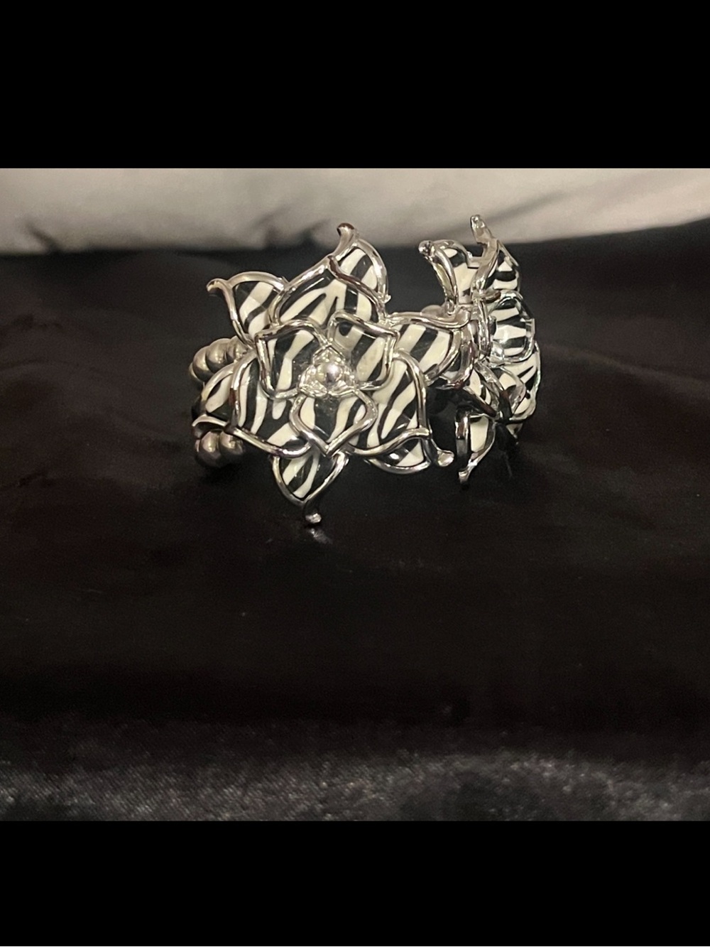 Floral Zebra-Print Silver Cuff Bracelet - Black & White